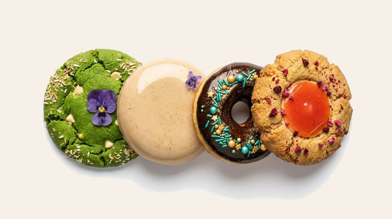 A matcha cookie, champagne-glazed donut, chocolate sprinkle donut, and guava thumbprint cookie